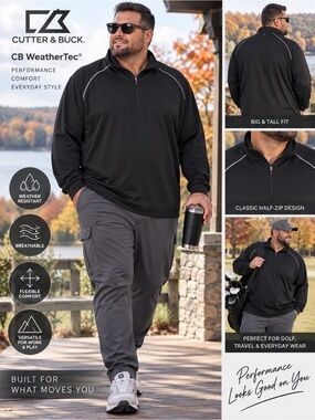Cutter & Buck CB WeatherTec Ridge Half Zip Pullover Black 3X Big Tall